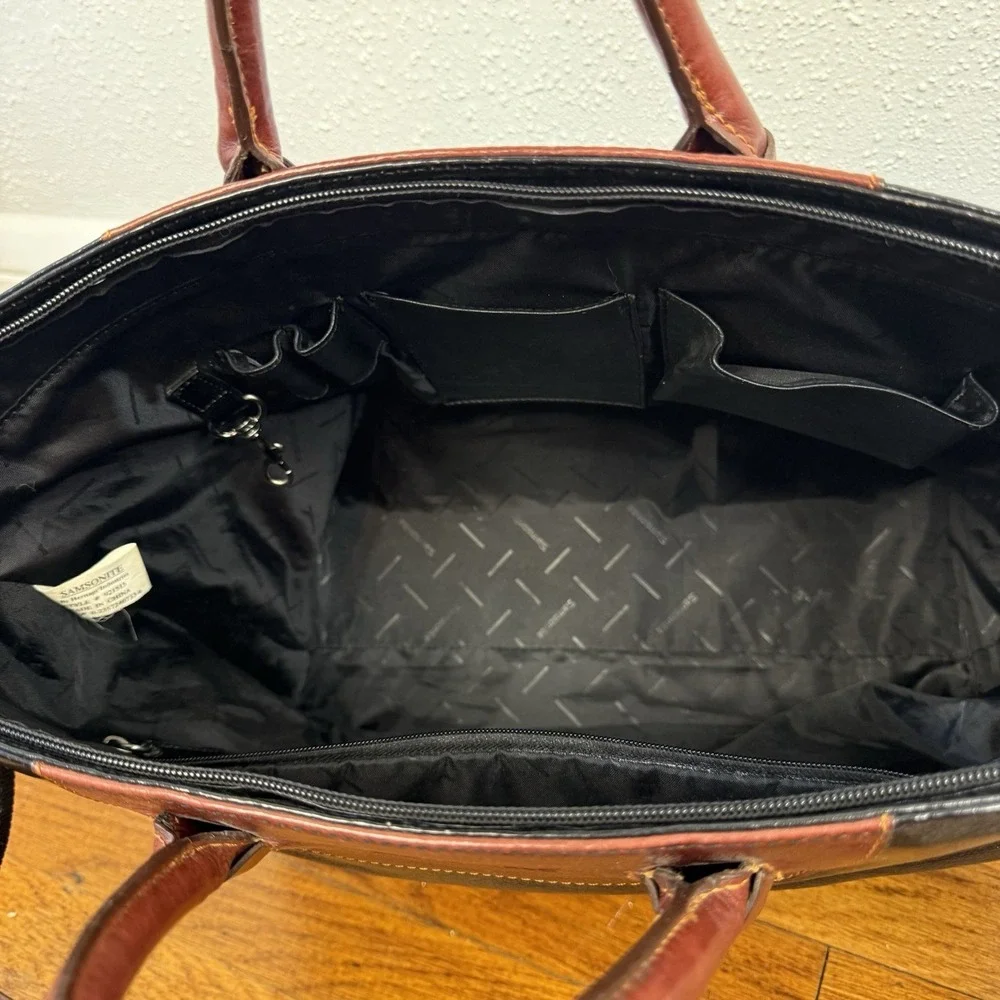 Vintage Samsonite Black Leather Travel Business Tote Bag With Shoulder Strap